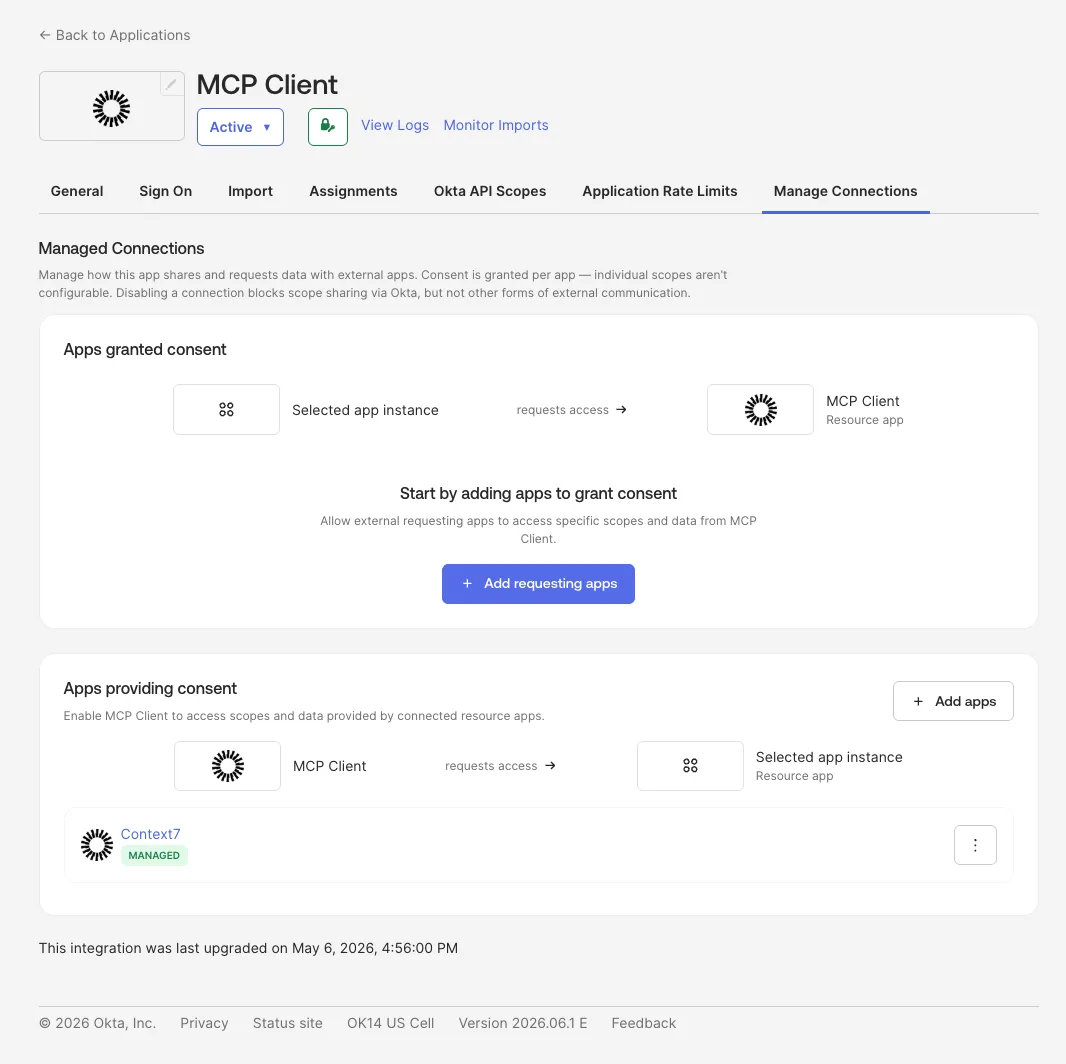 Manage Connections tab linking the MCP Client to the Context7 resource app