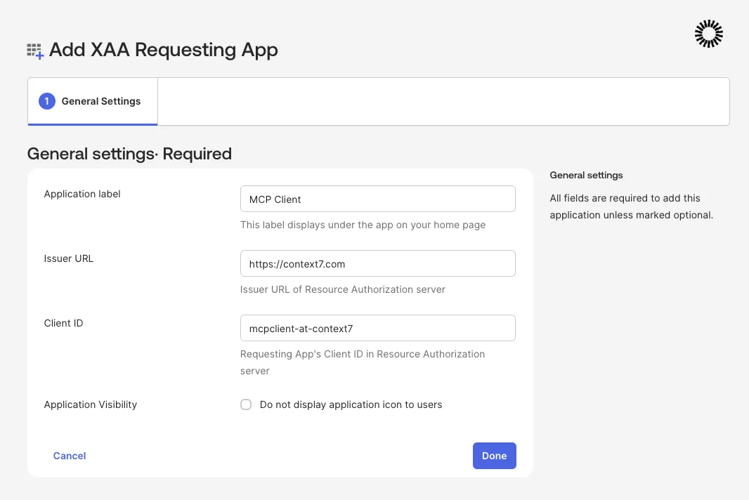 Add XAA Requesting App general settings with label, issuer URL, and client ID