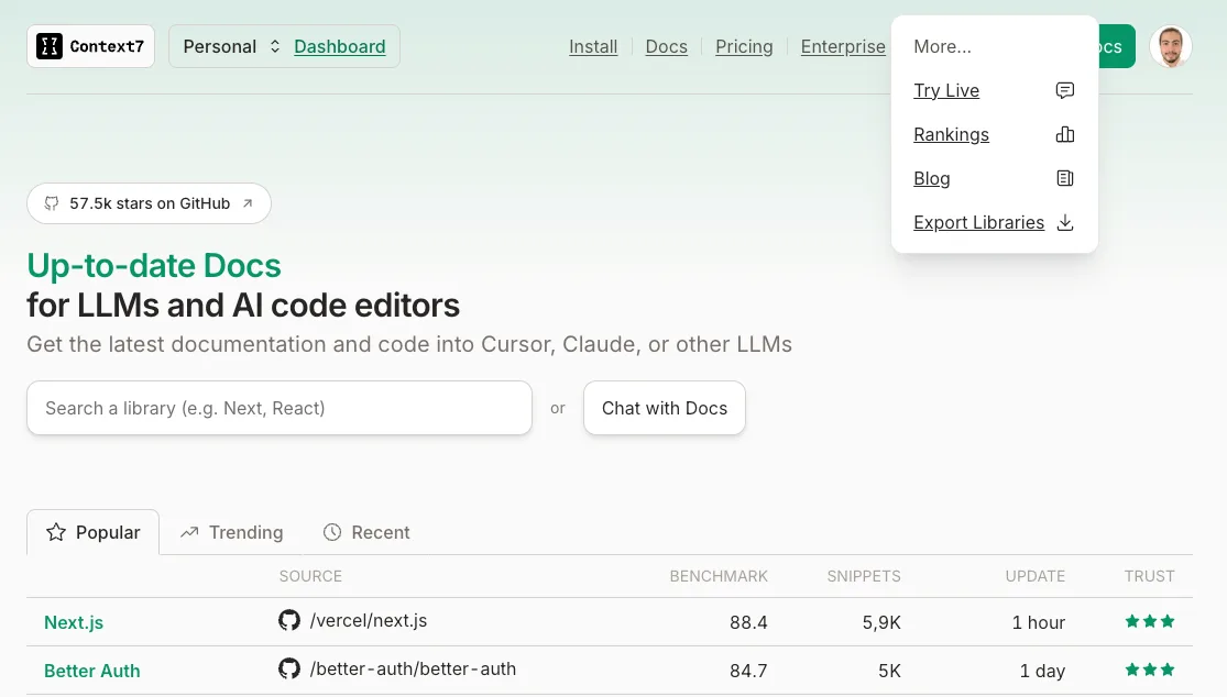 Export Libraries link in the dashboard menu