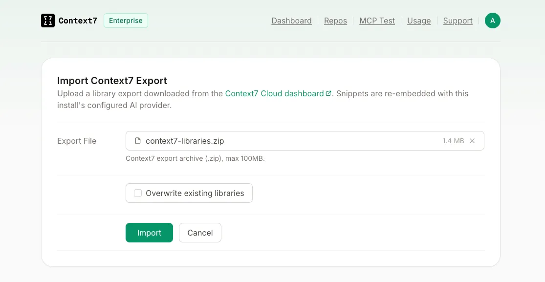 Uploading a Context7 export to import