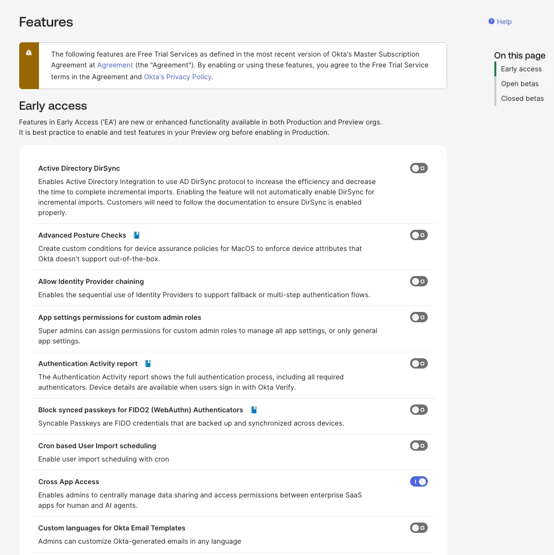 Cross App Access toggle in Okta Admin Console Settings → Features