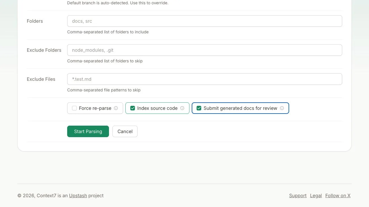 Repository options with Index source code and Submit generated docs for review enabled