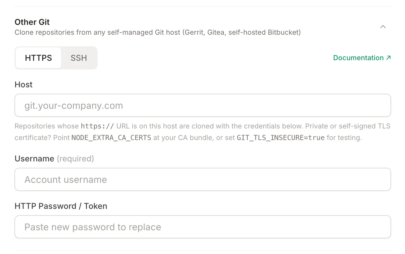 Other Git HTTPS settings: host, username, and HTTP password under Settings, Integrations