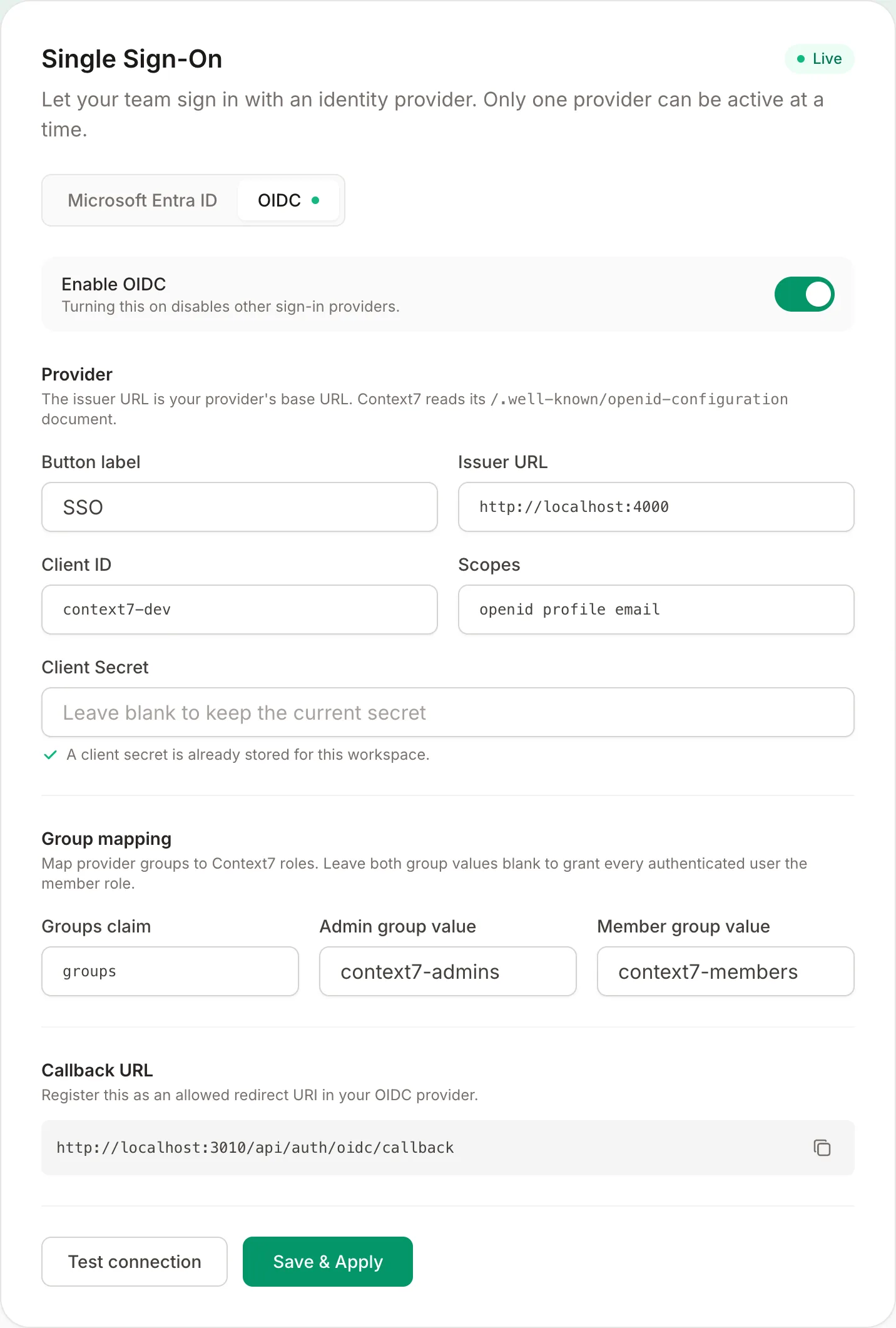Context7 Settings showing the Single Sign-On card with the OIDC tab selected