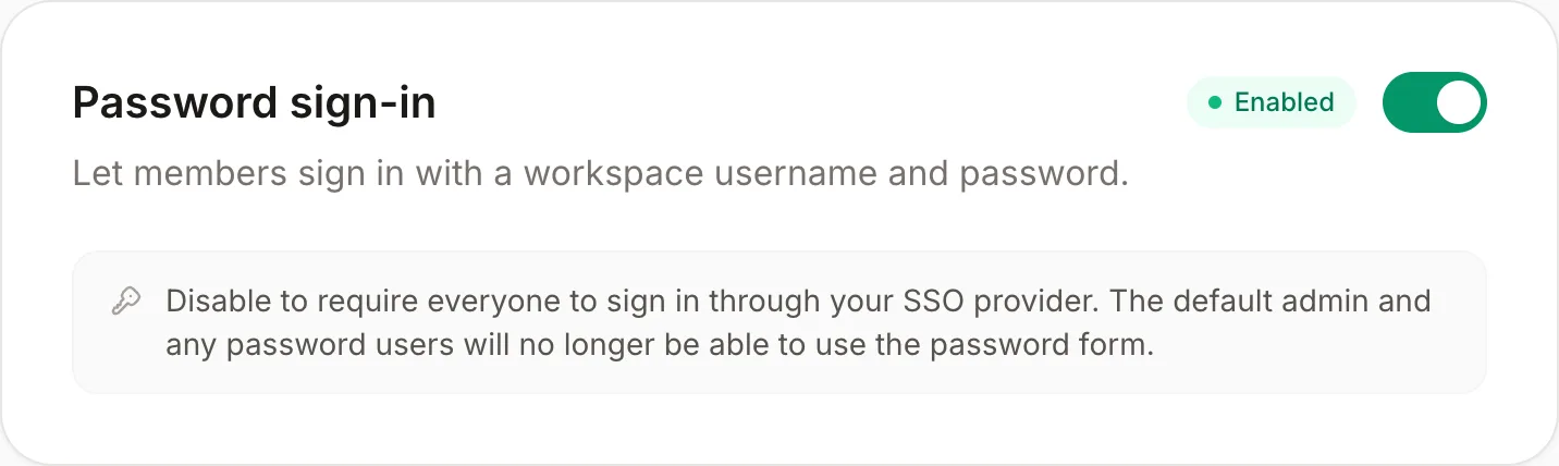 Password sign-in card with the toggle in the Enabled state
