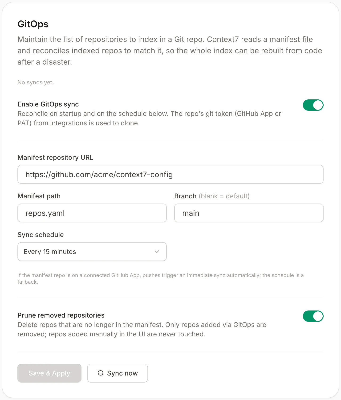 The GitOps settings card under Settings, Indexing
