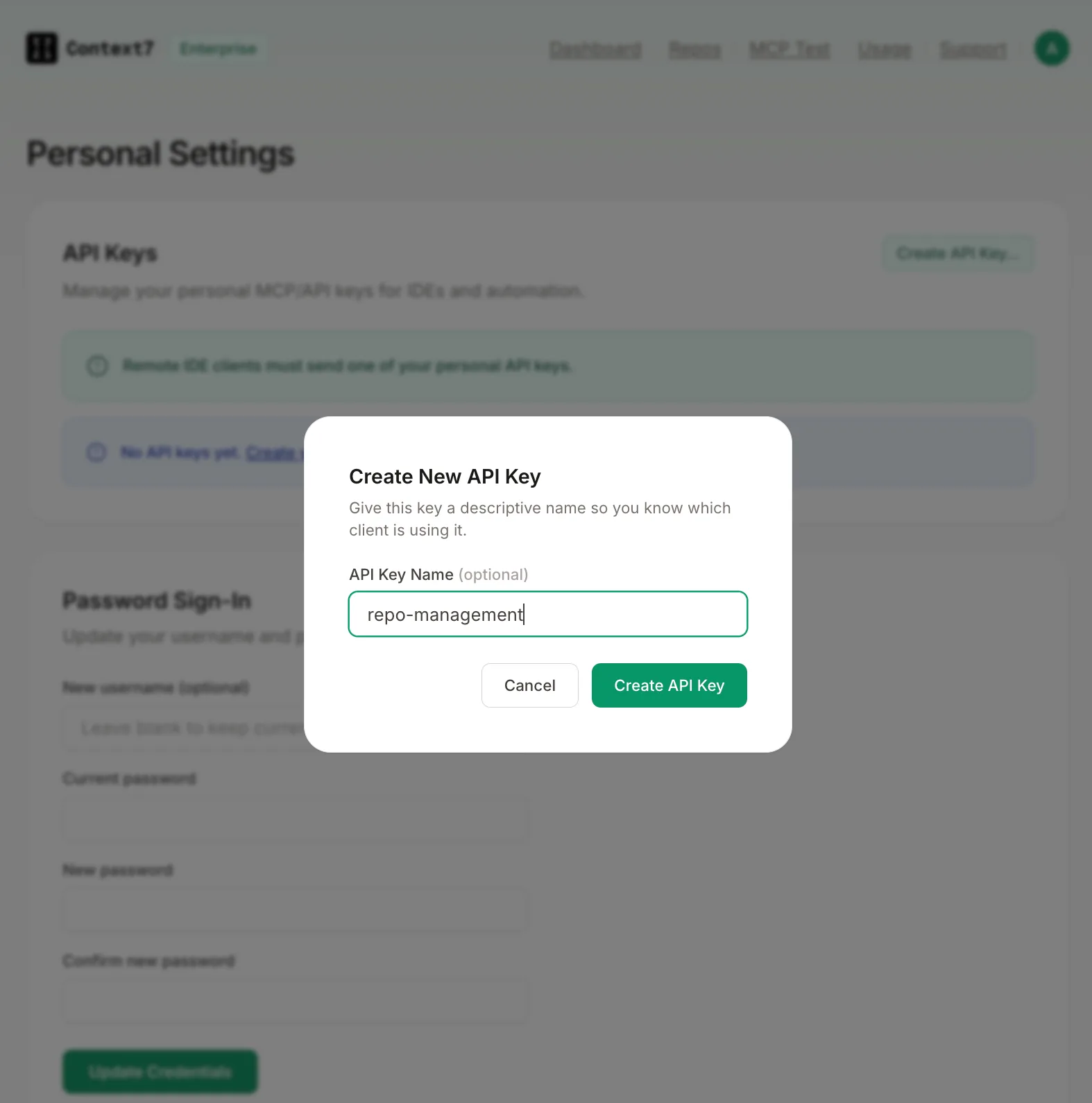 Create API Key dialog