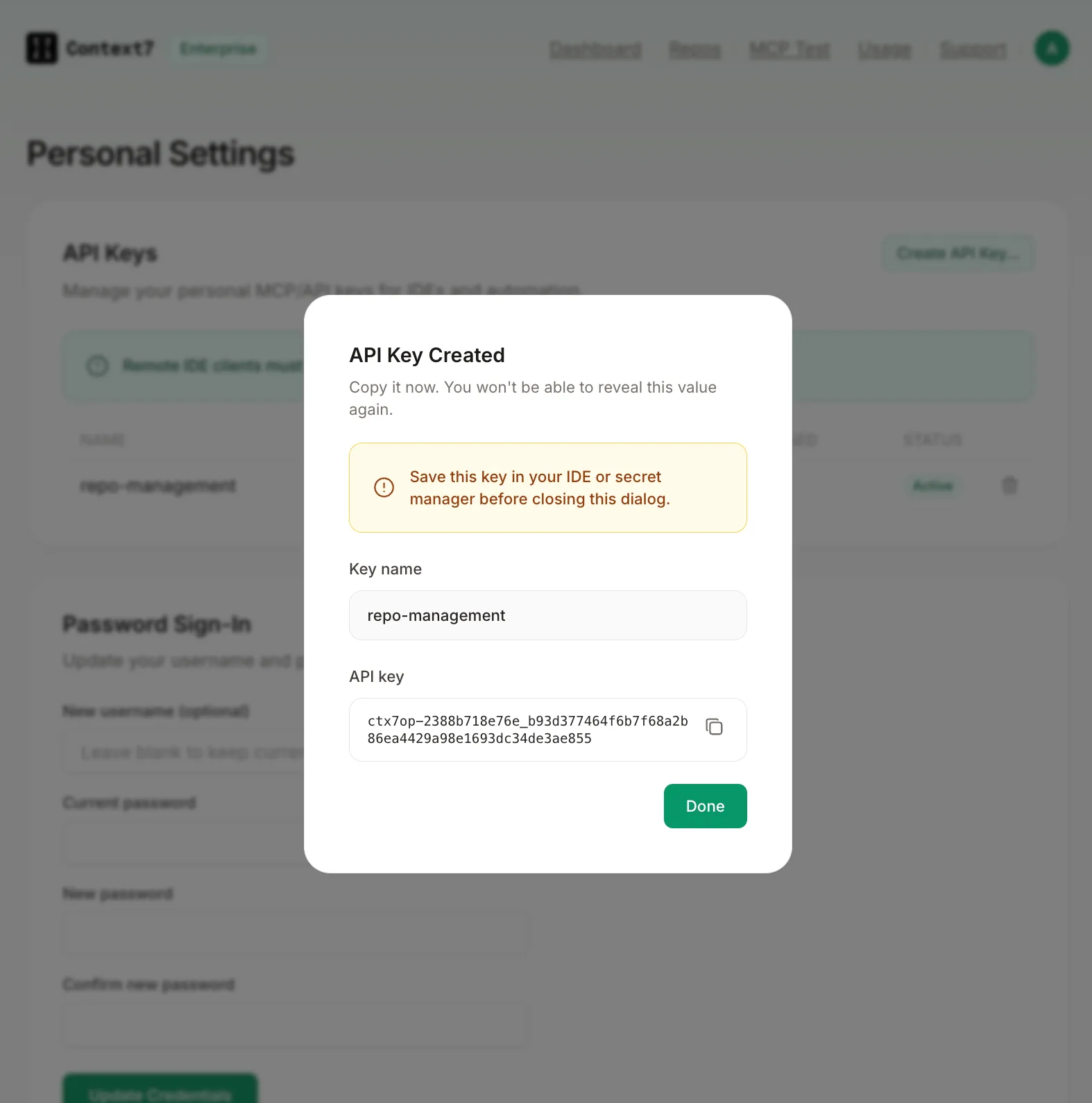 API Key Created dialog showing the key value