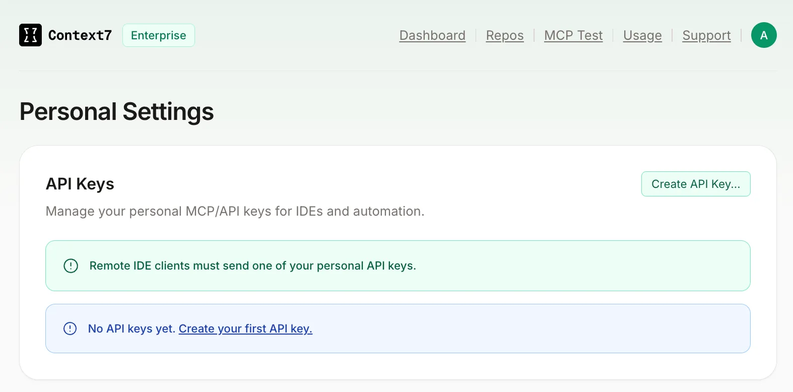 API Keys settings page