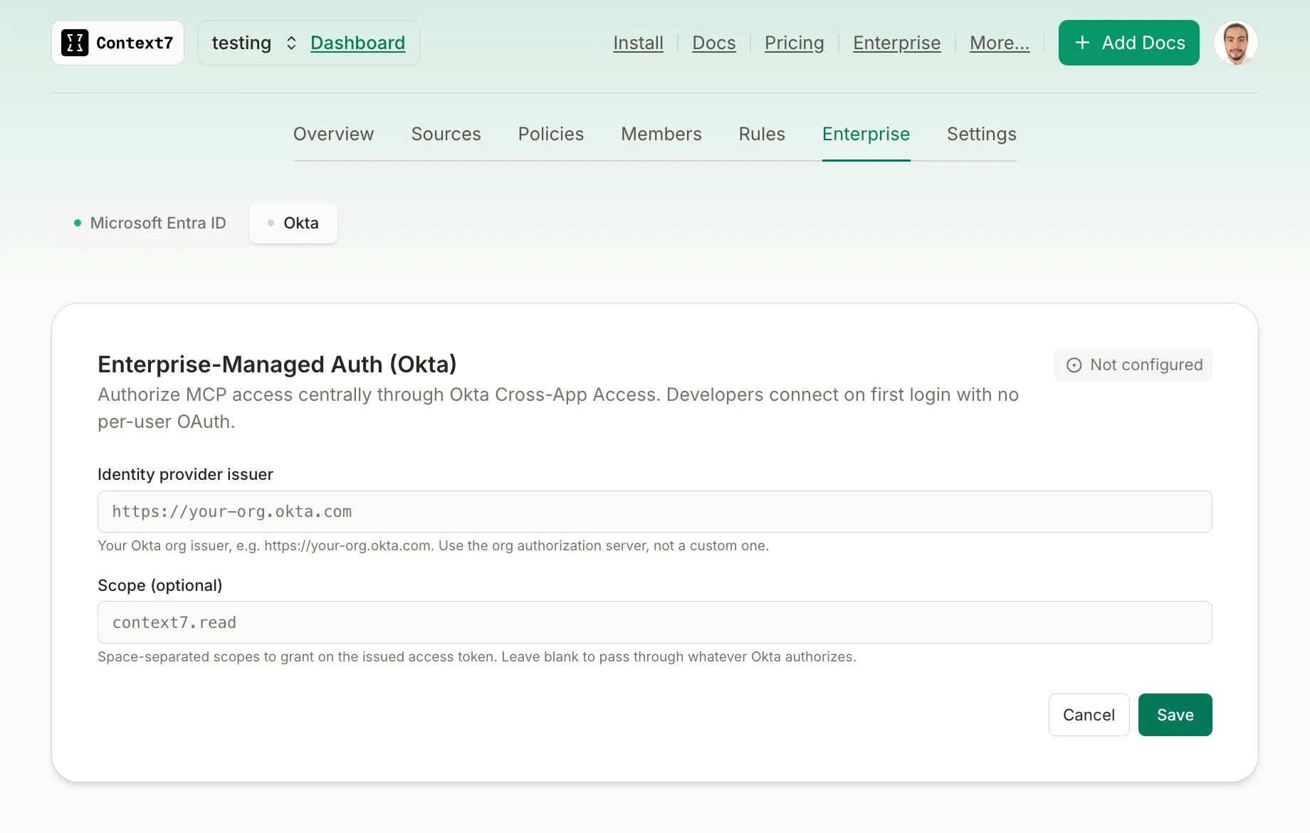 Context7 dashboard Enterprise-Managed Auth settings card with the Okta issuer field