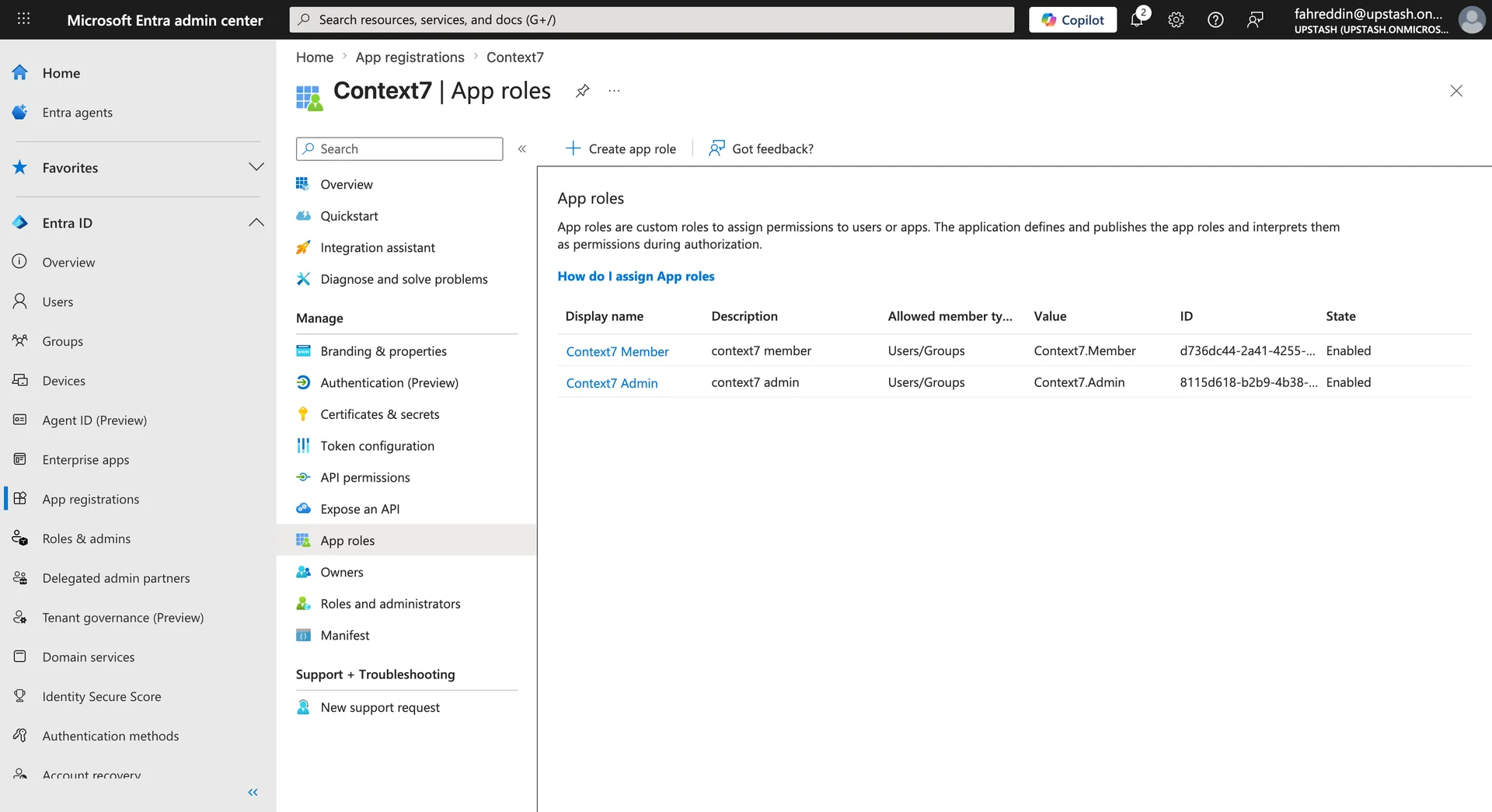 App roles page showing Context7.Admin and Context7.Member