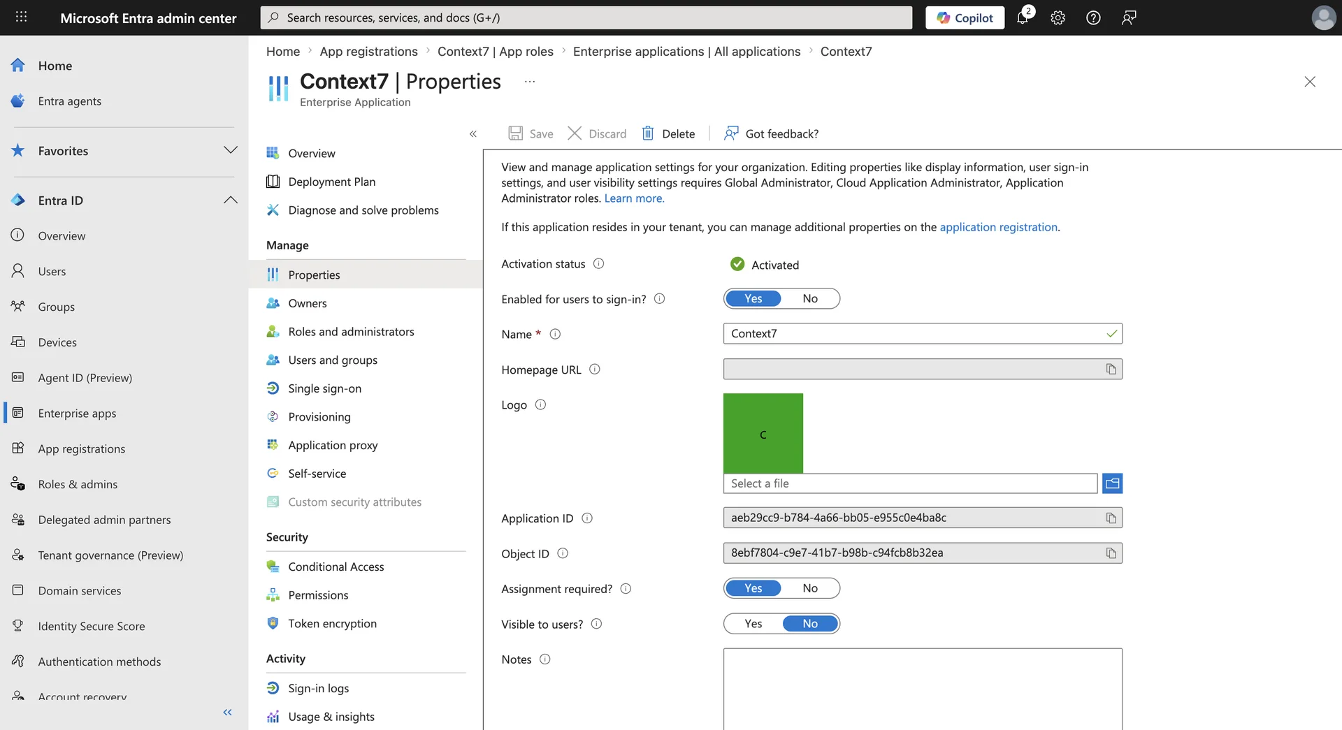Enterprise app Properties page with Assignment required set to Yes