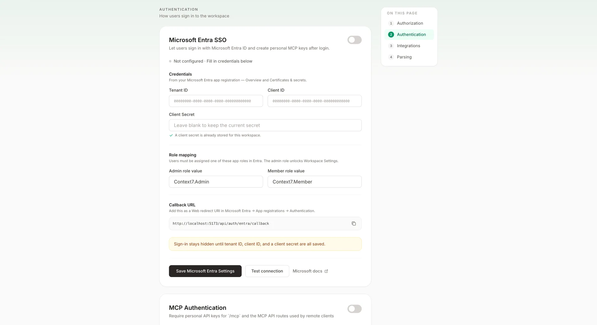 Context7 Teamspace Settings with the Microsoft Entra SSO card highlighted