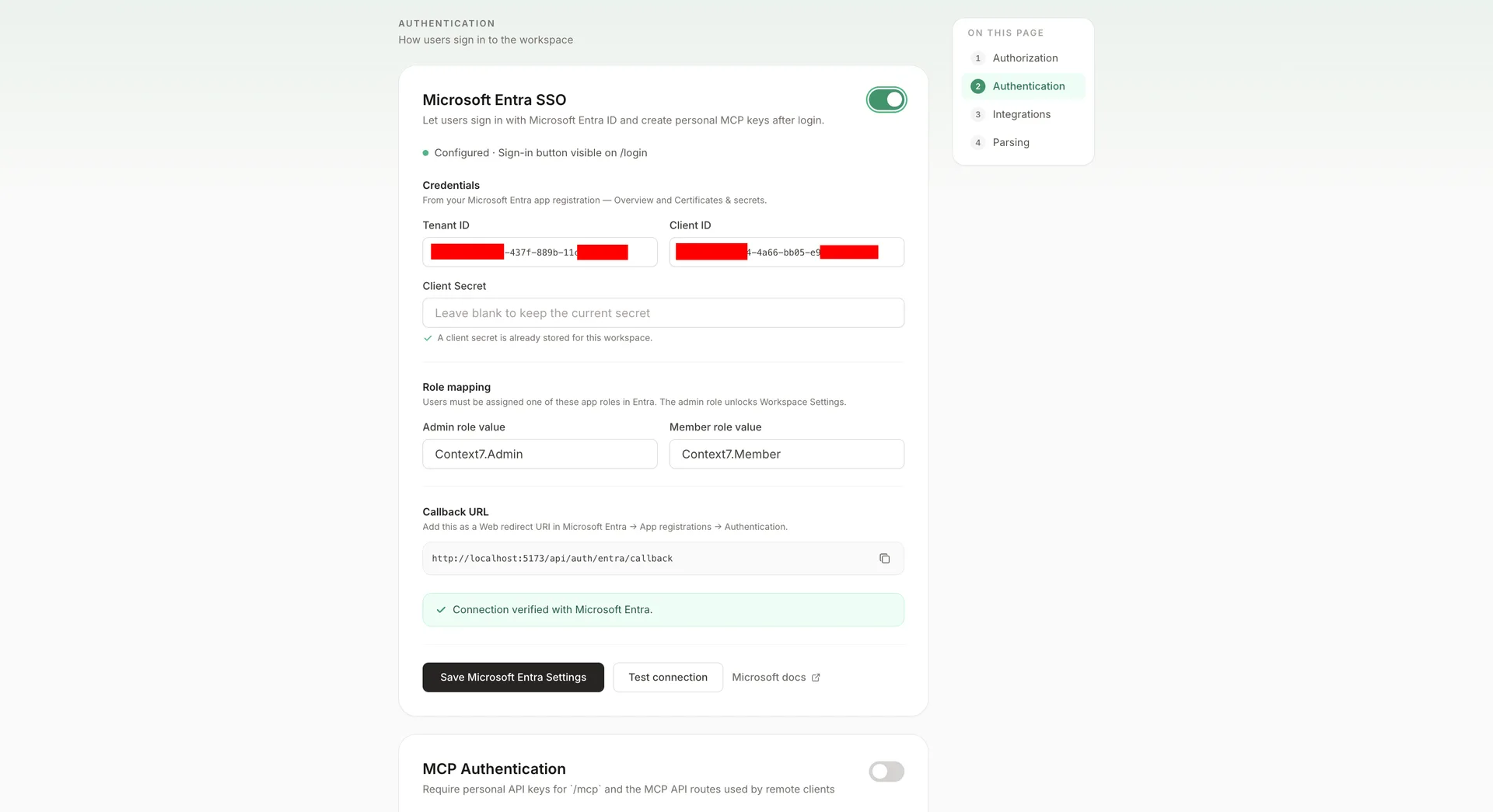 Entra SSO card with values filled, connection verified, and toggle on