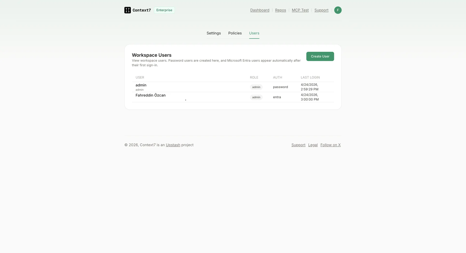 Teamspace Users tab showing password and Entra users side by side