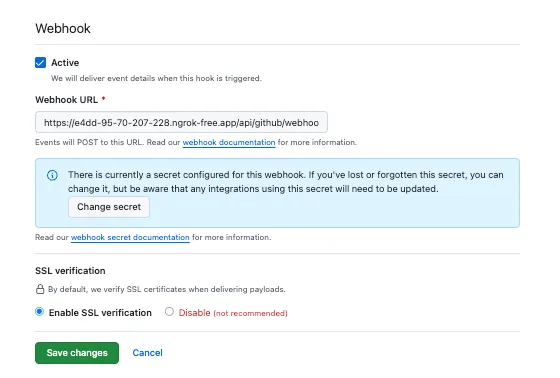 GitHub App webhook settings: active, webhook URL, and a configured secret