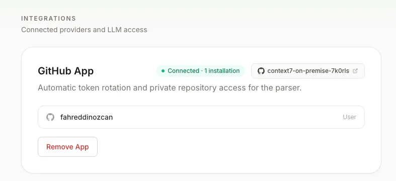 Connected GitHub App with one installation under Settings, Integrations