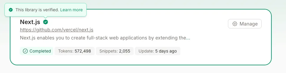 Verified badge on library