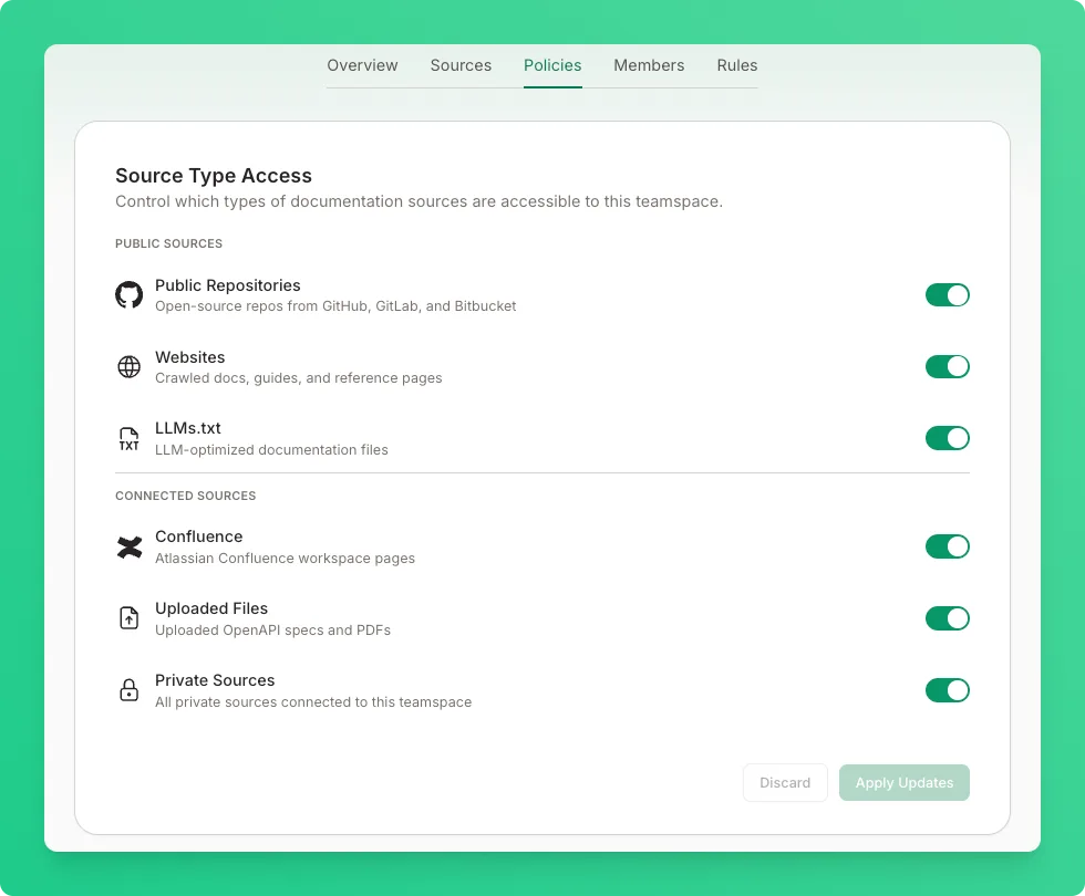 Source Type Access card showing toggles for each documentation source type