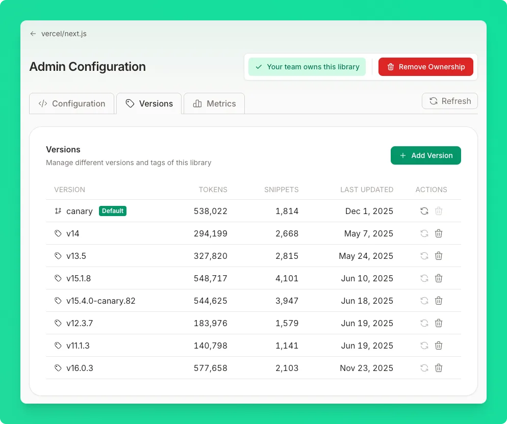 Versions tab